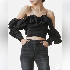 Alice + Olivia Monrow, black, puff sleeve, off shoulder crop top. 12